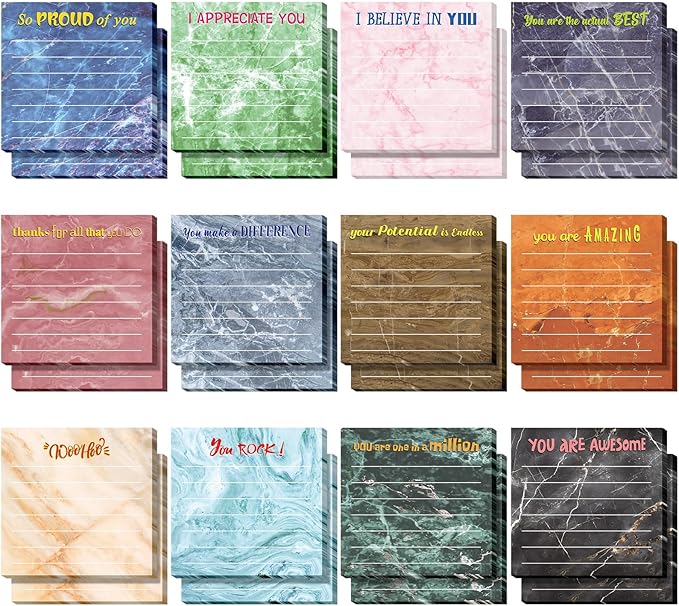 Yinder 24 Pcs Inspirational Sticky Notes with Lines Cute Motivational Sticky Notes Pad Employee Appreciation Gifts Bulk for Teacher Nurse Coworkers Office Supplies 3 x 3''(Marble Color,Appreciation)