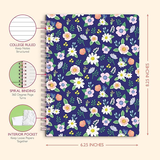 Sweetzer & Orange S&O Cute Spiral Notebooks - College Ruled Spiral Notebook with Pockets - Hardcover Notebook for Women - Cute Notebooks for School & Journal - 80 Double-Sided Pages, 6.25" x 8.25”