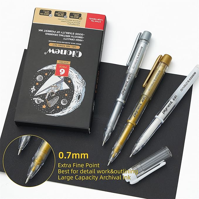 3 Colors Gel Pen Set, 6 Pack, 0.7mm Extra Fine Point,White,Gold and Silver Gel Ink Pens for Artists,White Pens for Black Paper,Artists Drawing,Journaling, Coloring 