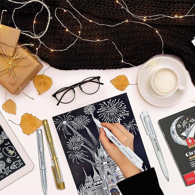 3 Colors Gel Pen Set, 6 Pack, 0.7mm Extra Fine Point,White,Gold and Silver Gel Ink Pens for Artists,White Pens for Black Paper,Artists Drawing,Journaling, Coloring 