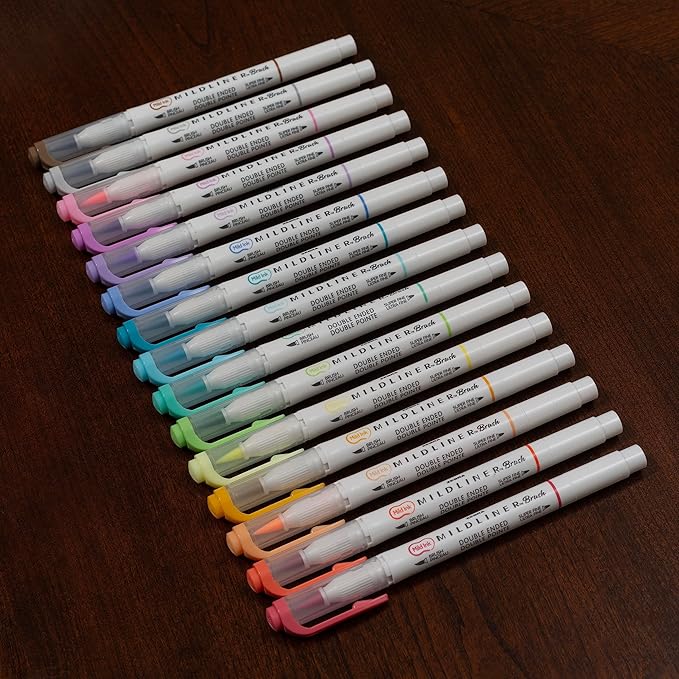 Zebra Pen Mildliner Brush Marker, Double Ended Brush and Fine Tip Pen, Assorted Soft Colors, 15 Count (Pack of 1)