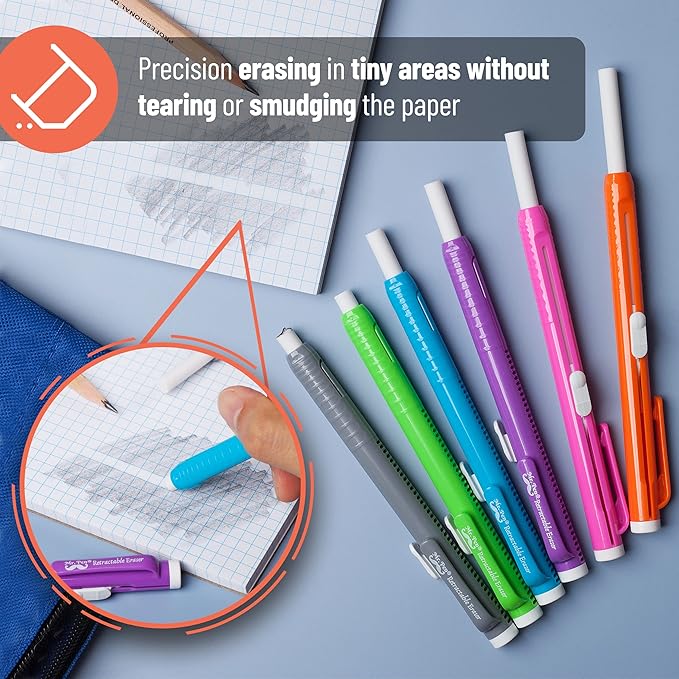 Mr. Pen- Retractable Mechanical Pencil Eraser, Pack of 6, Vibrant Colors, Artist & Pen Eraser
