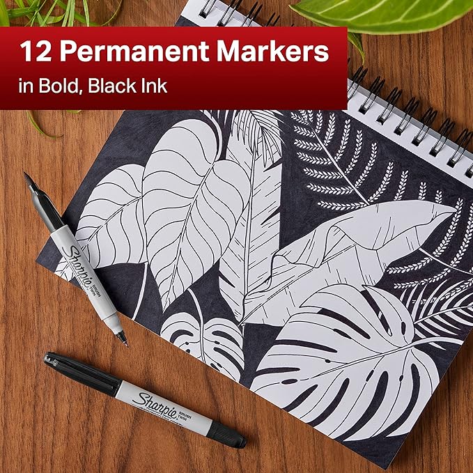SHARPIE Brush Twin Permanent Marker, Brush Tip Marker and Ultra Fine Tip Marker, Black, 12 Count