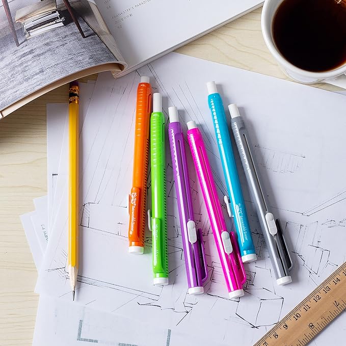 Mr. Pen- Retractable Mechanical Pencil Eraser, Pack of 6, Vibrant Colors, Artist & Pen Eraser