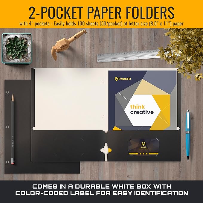 Better Office Products Two Pocket Portfolio Folders, 50-Pack, Black, Letter Size Paper Folders, 50 Pieces, Black