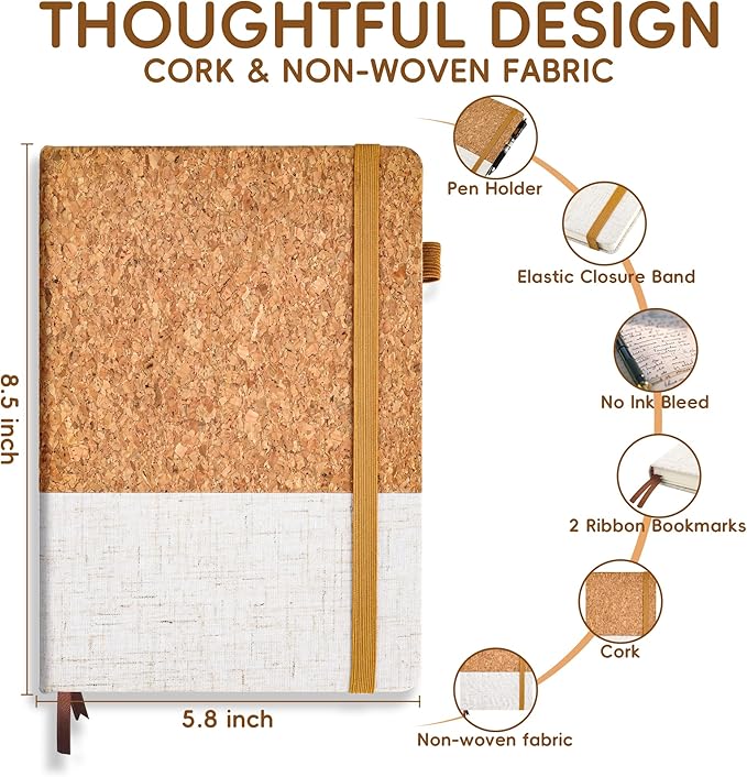 Lined Journal Notebook for Women Men, 192 Pages 100 GSM Thick Paper, Cork & Non-Woven Fabric Cover | Hardcover Journals for Writing, A5 College Ruled | Business, Work & School, 5.8"Ă8.5"(Cork-White)