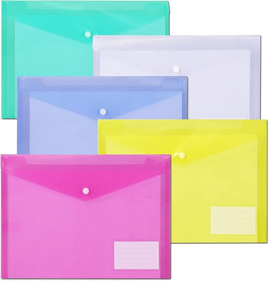 10 Pack Plastic File Folders with Label Pockets - US Letter & A4 Size Clear Document Envelopes, Assorted Color Poly Organizers for Office School Supplies