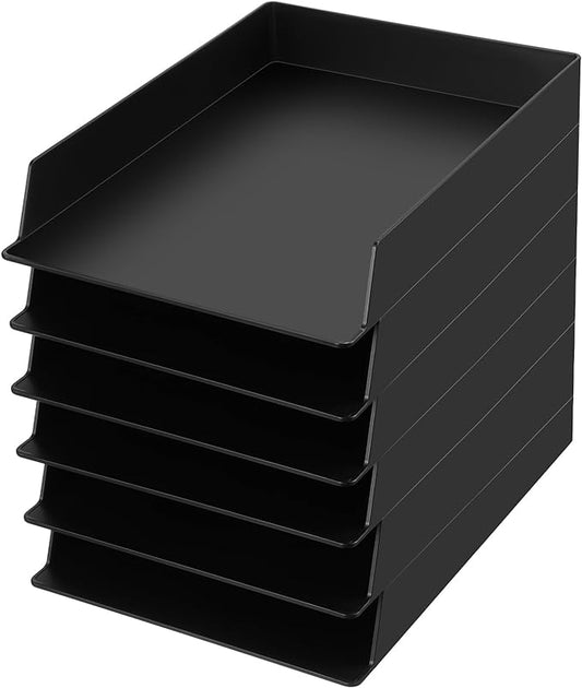 Wenqik 6 Pcs Stackable Paper Trays Rectangular Plastic Desk Tray Holder Desktop Document File Paper Organizer Plastic Storage Letter Tray for Office Classroom, Black