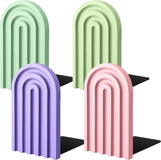 Harloon 4 Pieces Boho Arch Wood Bookends Rainbow Arch Back to School Gift Ideas Non Skid Bookend Decorative Wooden Book Stand Book Stoppers for Books Movies CDs(Pastel Color)