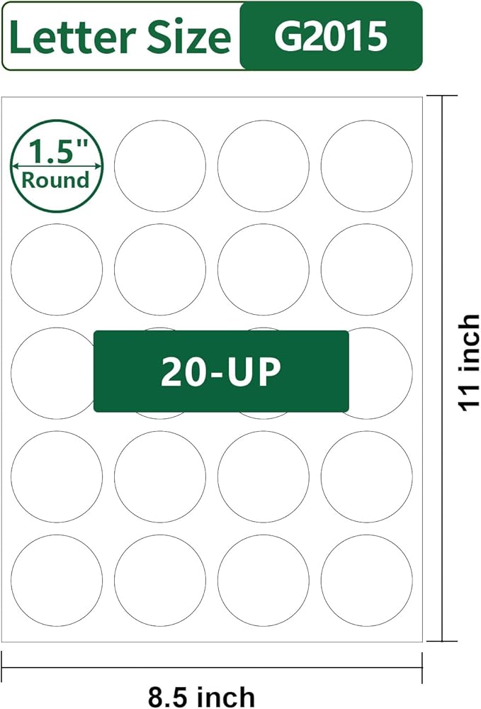 1.5 Inch Round Labels Printable,40 Sheets,20 Circles per Sheet,Matte Circle Stickers 1.5 Inch for Laser/Inkjet Printers,Circle Sticker Labels 1.5" Diameter, Letter Size