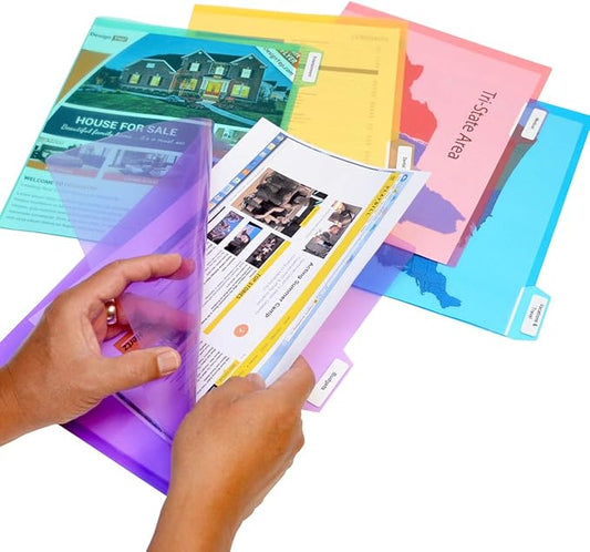 Ultimate Office PocketFile™ Clear Poly Document Folder Project Pockets, 5th-Cut, Letter Size, in 5 Assorted Colors, Set of 100