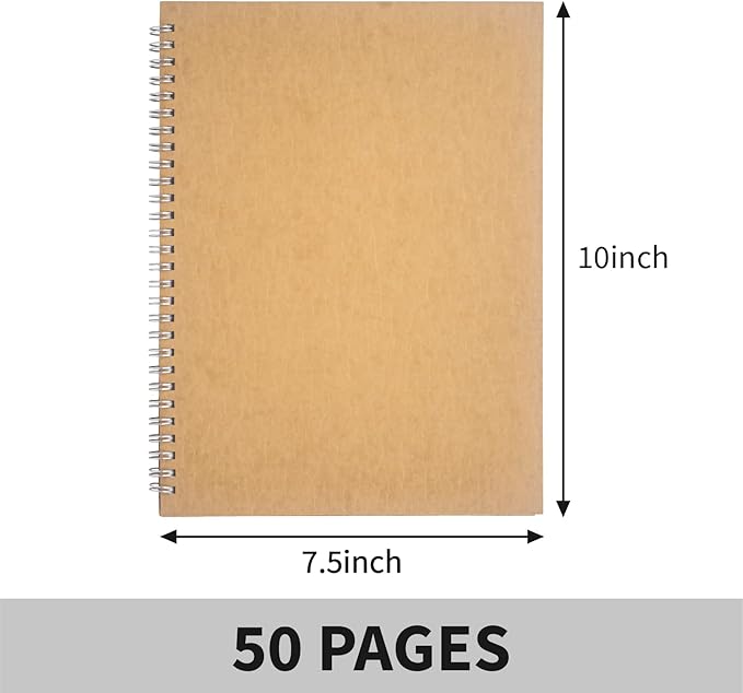 10 inch x 7.5 inch, 100GSM, Blank Spiral Notebook, 1-Pack, Soft Cover, Sketch book, 100 Pages / 50 Sheets, with writing backboard, (Brown)