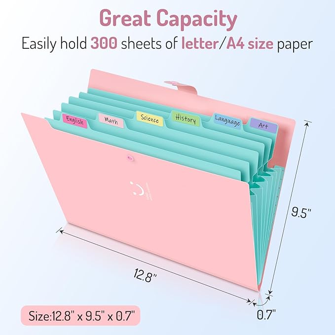 Forvencer Accordion File Organizer, Letter Size, 7 Pocket Expanding File Folder, Cute File Folder with Labels, Portable File Organizer for School Office Supplies, Folders for Documents, Red