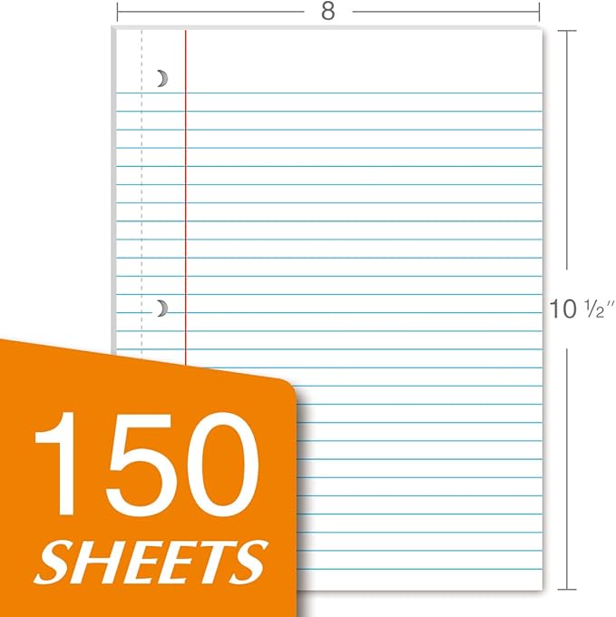 Kaisa loose Leaf Paper Filler Paper 150 Sheets 8"x10.5",Wide Ruled, 3-Hole Punched for 3-Ring Binders, Carton of 12pack