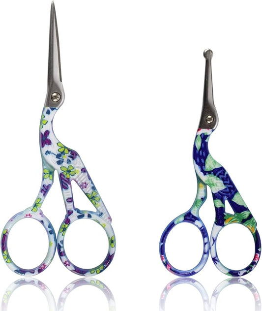 Stork Bird Rounded Safety Tip Embroidery Craft Stainless Steel Crane Scissors - Assortment D - 2 Pairs