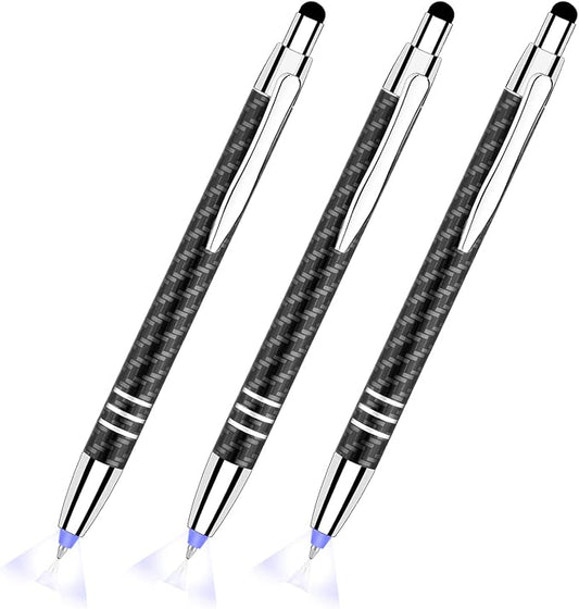 Glovion Lighted Tip Pen with Stylus 3-in-1 - LED Penlight Light Up Pen Light Ballpoint Pen with Light for Writing in The Dark - Pack of 3 - Blue Light - GL006