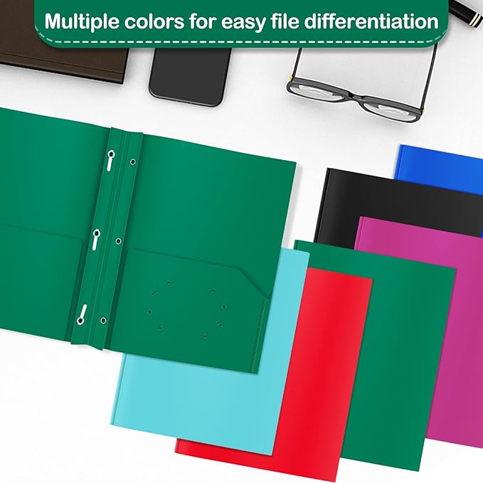Heavy Duty Plastic Folder, 60 Pack, Pocket Folder with brads, Letter Size Poly File, Plastic Folders with 3 Prongs Fasteners - Green