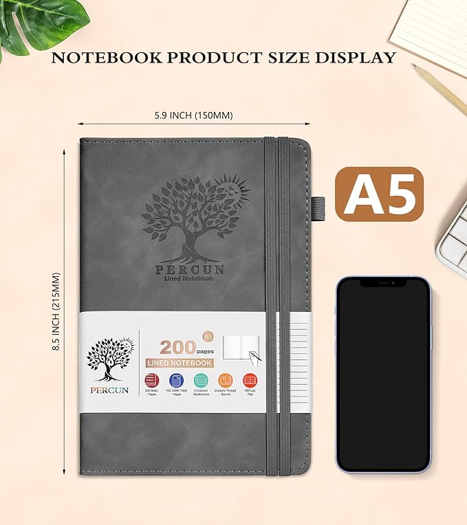 Lined Journal Notebook for Women and Men,Hardcover Leather Journaling Notebook for Writing, Travel, Business, Work and School,200 Pages A5 Notebook for Note Taking, Diary 5.9" × 8.5" - gery