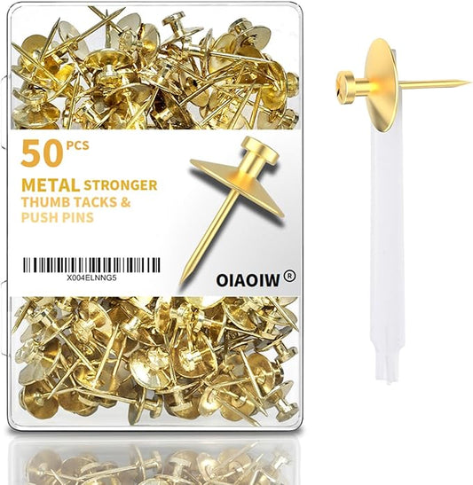 50pcs Gold Thumb Tacks for Picture Hangers - Heavy Duty Push Pins, Double Headed Thumbtacks for Hanging, Metal Wall Tacks, Pins, Nails, Hooks (Gold)