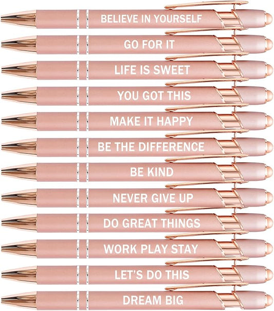 PASISIBICK 12 Pieces Rose Gold Inspirational Motivational Quotes Snarky Screen Touch Stylus Ballpoint Pens, Office Encouraging Scriptures, Black Ink (Rose Gold,Motivational)