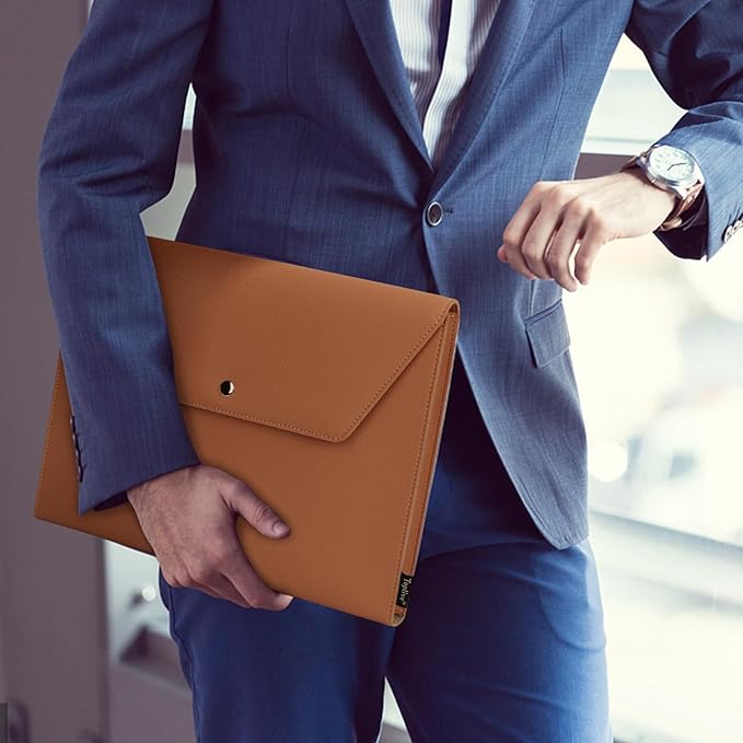 Toplive Document File Folder, Waterproof PU Leather A4 Letter Envelope Folder Case File Organizer Dual Layers Stylish Document Holder with 8 Card Holder 2 Pen Loop for Travel Office School, Brown
