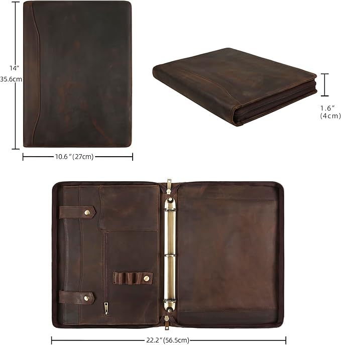 Portfolio Binder 3 Ring, Leather Binder Portfolio Folder for Left-Handed, Zippered Portfolio Padfolio Binder for Women, Leather Portfolio Organizer for Men (Dark Khaki, Custom)