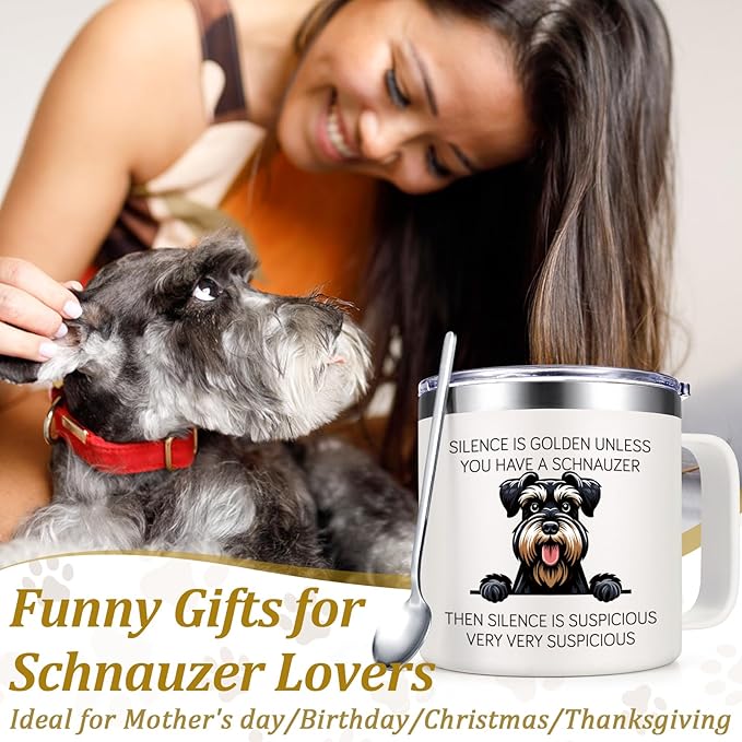 Lifecapido Schnauzer Gifts, Silence is Golden Unless You Have A Schnauzer 14 oz Insulated Coffee Mug, Dog Lover Gifts, Dog Mom Gifts, Birthday Christmas Gifts for Schnauzer Lovers, Pet Lovers, White