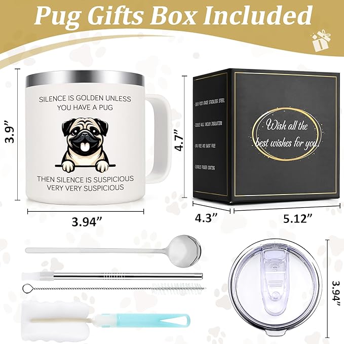 Lifecapido Pug Gifts for Pug Lovers, Silence is Golden Unless You Have A Pug 14 oz Coffee Mug, Dog Lover Gifts, Dog Mom Gifts, Birthday Christmas Gifts for Pug Lovers, Pet Lovers, White