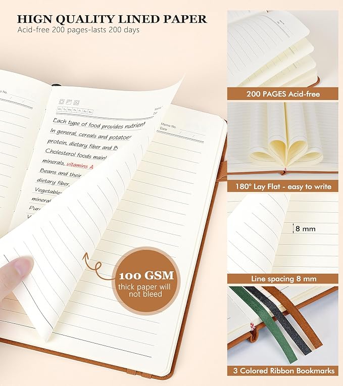 Lined Journal Notebook for Women and Men,Hardcover Leather Journaling Notebook for Writing, Travel, Business, Work and School,200 Pages A5 Notebook for Note Taking, Diary 5.9" × 8.5" - Brown