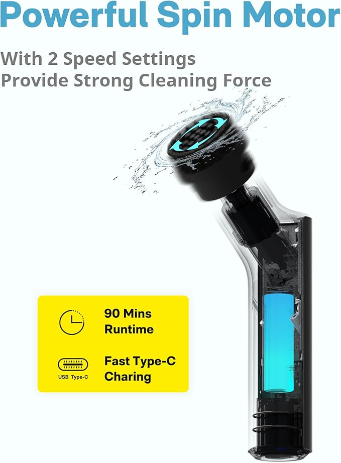 HOTO Electric Spin Scrubber, IPX7 Full Body Waterproof Bathroom Shower Cleaning Brush, Shower Scrubber Brush with Long Handle, 6 Brush Heads, Power Scrubber for Shower, Bathroom, Floor, Tile