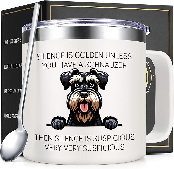 Lifecapido Schnauzer Gifts, Silence is Golden Unless You Have A Schnauzer 14 oz Insulated Coffee Mug, Dog Lover Gifts, Dog Mom Gifts, Birthday Christmas Gifts for Schnauzer Lovers, Pet Lovers, White