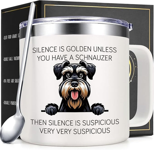 Lifecapido Schnauzer Gifts, Silence is Golden Unless You Have A Schnauzer 14 oz Insulated Coffee Mug, Dog Lover Gifts, Dog Mom Gifts, Birthday Christmas Gifts for Schnauzer Lovers, Pet Lovers, White
