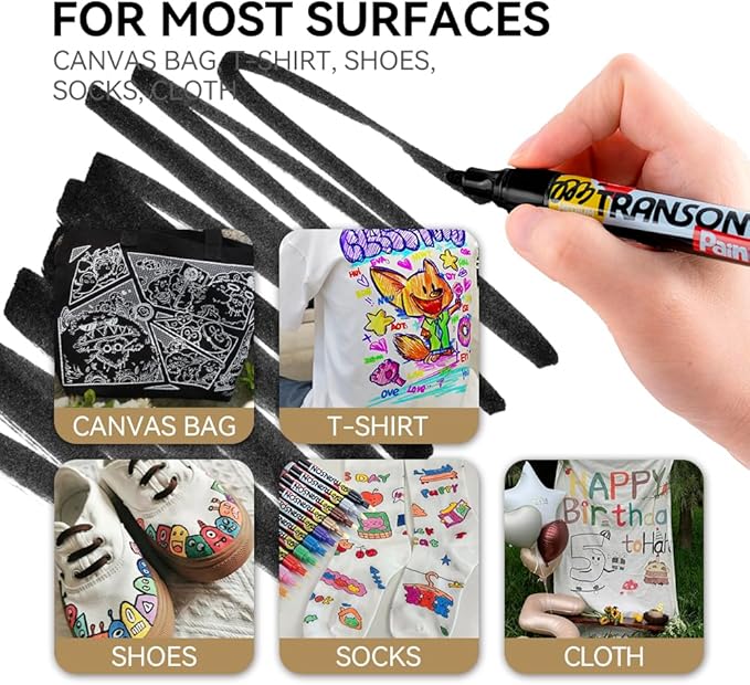 TRANSON 2 Black Paint Markers for Fabric Rock Craft Diy Painting Medium Tip Oil Based Waterproof