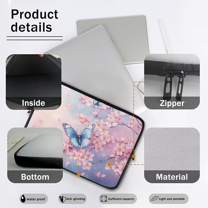 Butterfly Print Laptop Bag for Girls, 17 Inch Peach Blossom Laptop Sleeve Soft Laptop Case Bag for Girls, Waterproof Laptop Briefcase Computer Bag with Zipper