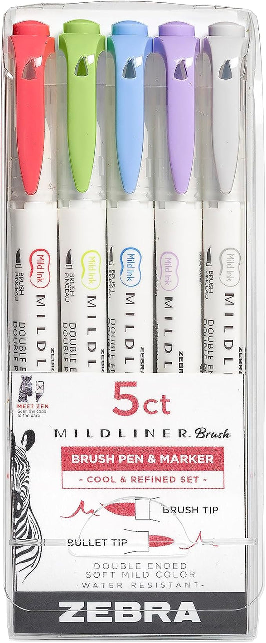 Zebra Pen Mildliner Brush Marker, Double Ended Brush and Fine Tip Pen, Assorted Cool and Refined Colors, 5 Pack