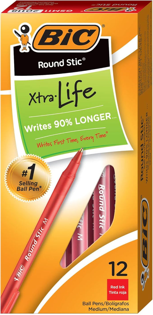 BIC® Round Stic® Xtra Life Ball Point Pen; Red; 12 Pack
