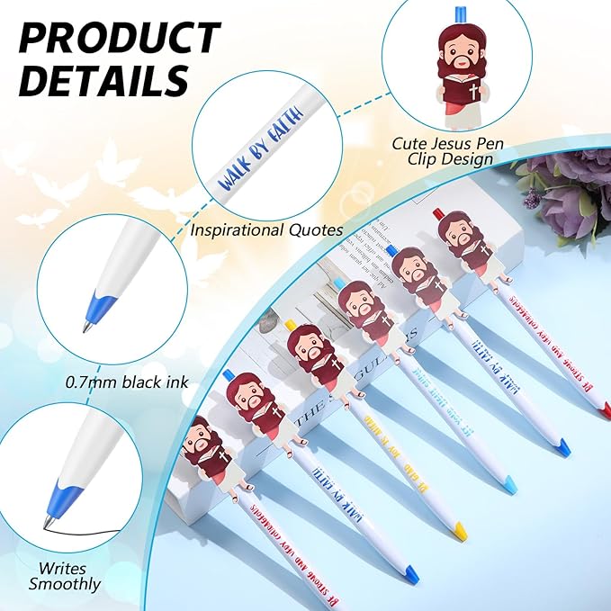 48 Pcs Christian Jesus Pens Bible Verse Pens for Kids Cute Jesus Ballpoint Pens with Inspirational Quotes Sunday Religious Pens for Classroom Prizes Church Christmas Easter Gift