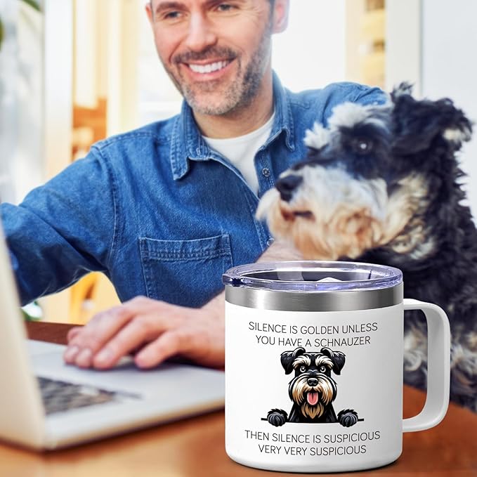 Lifecapido Schnauzer Gifts, Silence is Golden Unless You Have A Schnauzer 14 oz Insulated Coffee Mug, Dog Lover Gifts, Dog Mom Gifts, Birthday Christmas Gifts for Schnauzer Lovers, Pet Lovers, White