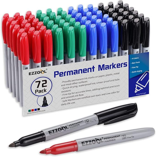 Permanent Markers Bulk, Permanent Marker Bulk Pack of 72, 4 Assorted Colors, Fine Point Permanent Markers For Kids and Adult Coloring as Office, School Supplies