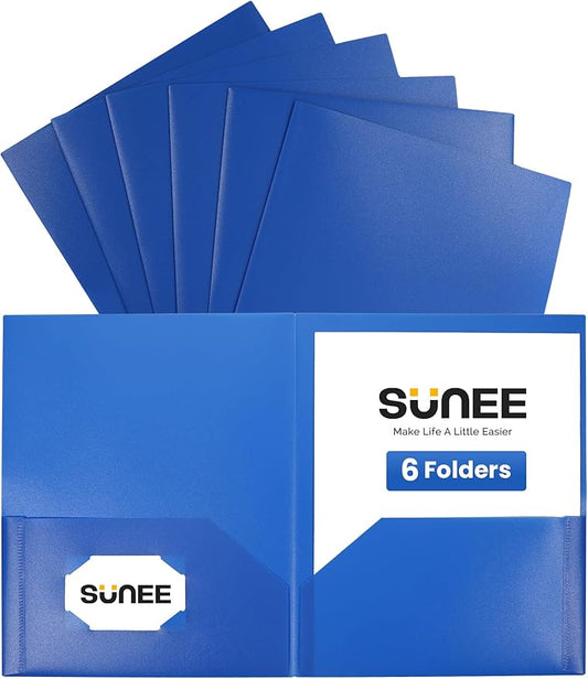 SUNEE 2 Pocket Folders (6 Pack, Blue) Heavy-Duty Plastic Folders with Pockets, Fit 8.5x11 Letter Size Paper, 2-Pocket File Folders for Kids, Home, School, Office