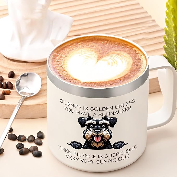 Lifecapido Schnauzer Gifts, Silence is Golden Unless You Have A Schnauzer 14 oz Insulated Coffee Mug, Dog Lover Gifts, Dog Mom Gifts, Birthday Christmas Gifts for Schnauzer Lovers, Pet Lovers, White