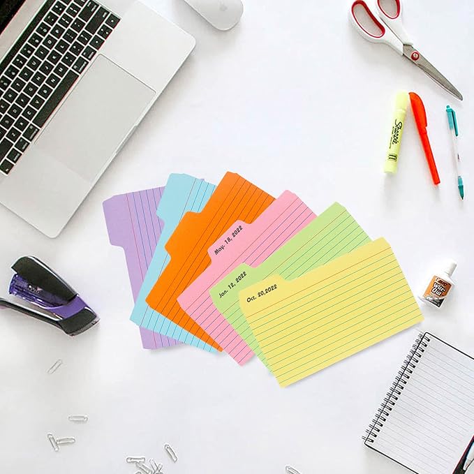 Koogel 252 PCS Tabbed Index Cards, Colorful 3 x 5 Inch Flash Card Dividers Cards Ruled Notecards with Tab for Learning Note Taking To Do List