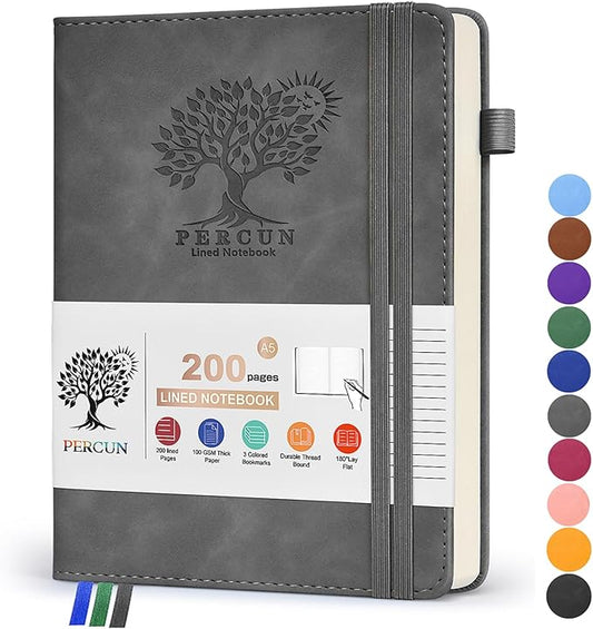 Lined Journal Notebook for Women and Men,Hardcover Leather Journaling Notebook for Writing, Travel, Business, Work and School,200 Pages A5 Notebook for Note Taking, Diary 5.9" × 8.5" - gery