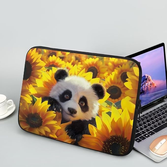 Sunflower Panda Printed Laptop Briefcase for Women Men, Waterproof Laptop Case Bag Laptop Case for 17 Inch, Lightweight Computer Carrying Cover with Zipper for Office Business Traveling