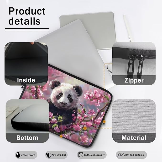 Cherry Blossom Panda Printed Laptop Bag for Women Men, Protective 12 Inch Computer Laptop Carrying Cover Laptop Sleeve Computer Bag with Zipper, Compatible with Most Laptop Computers