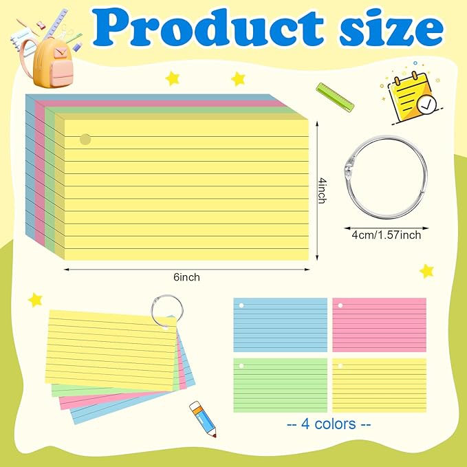 Colored Index Cards 4x6 Inches Flash Cards with Ring Lined Flashcards Heavy Note Cards for Studying School Supplies, 200 Count