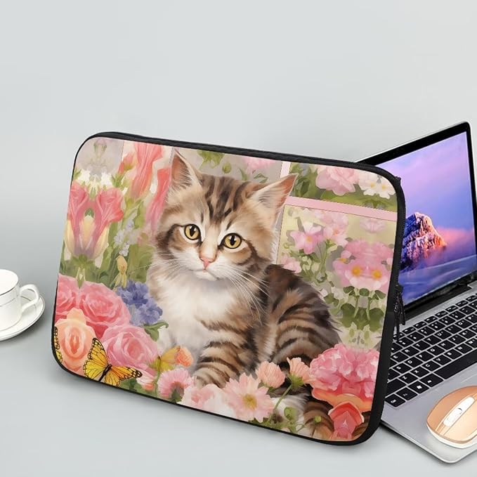 Cat Rose Printed Laptop Bag for Women Men, Lightweight Laptop Briefcase 12 Inch Shockproof Computer Carrying Cover with Zipper, Easy to Carry Laptop Case Bag for Daily Commuting