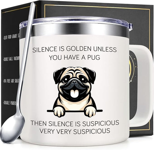 Lifecapido Pug Gifts for Pug Lovers, Silence is Golden Unless You Have A Pug 14 oz Coffee Mug, Dog Lover Gifts, Dog Mom Gifts, Birthday Christmas Gifts for Pug Lovers, Pet Lovers, White