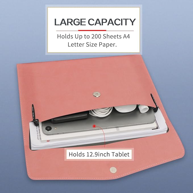 Toplive Document File Folder, Waterproof Thin PU Leather A4 Envelope Folder File Document Organizer Storage Case, Filing Envelope Folder with Magnetic Closure, Pink