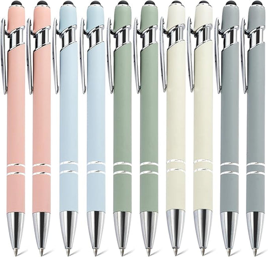 Ballpoint Pens with Stylus Tips，10 Pcs Retractable Metal Stylus Pen for Touch Screens, 1.0 mm Black Ink(Morandi color)